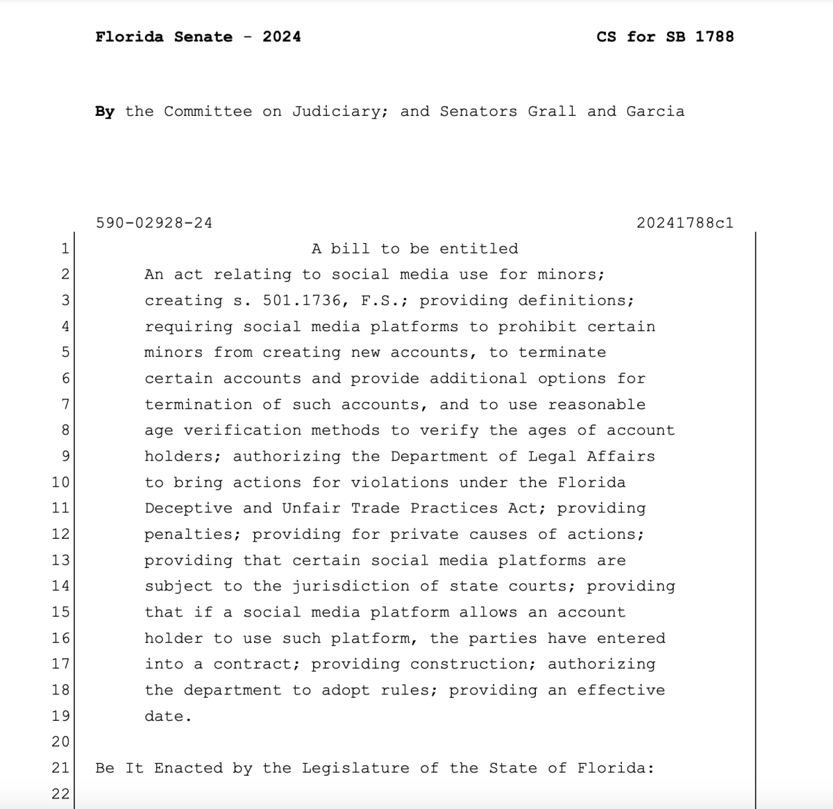 Bill SB 1788, which is commonly referred to as the Social Media Bill in this article. Accessed via the Florida Senate website.